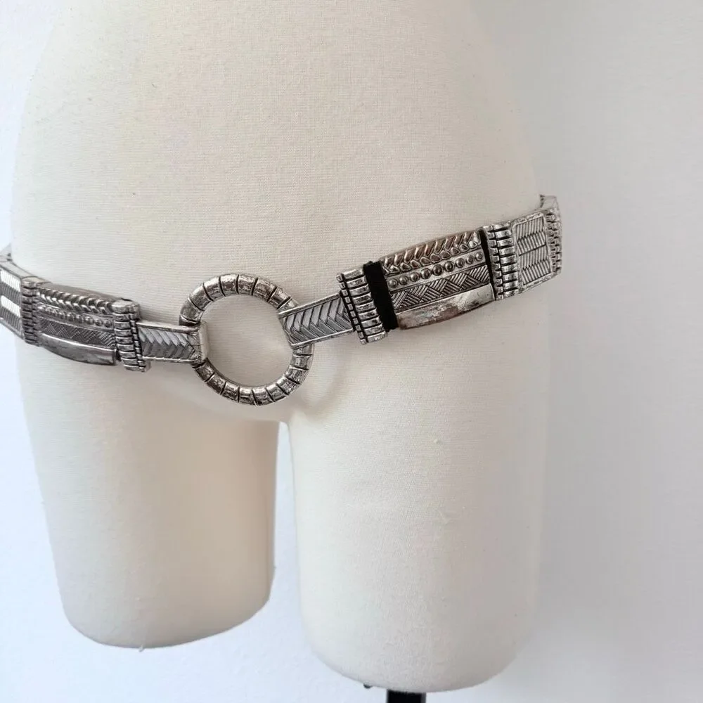 Chicos Western Black Leather Circle Belt Concho Hammered Metal Round Medium